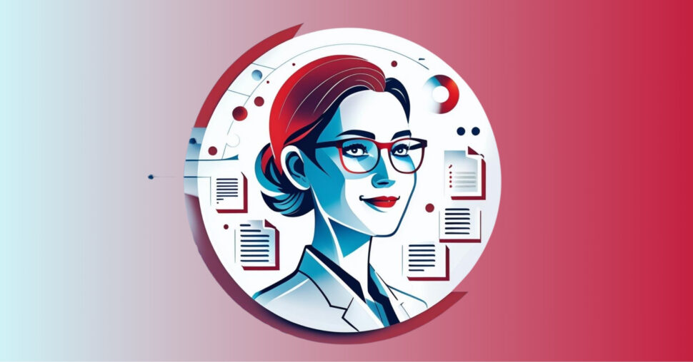 Logo digitální asistentky eDiTa. žena s červenými vlasy a brýlemi v digitálním světě